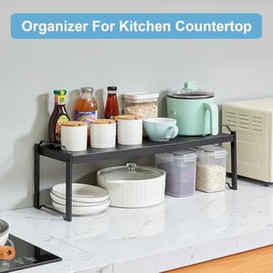 25.5 Inches 2 Pack Expandable Cabinet Shelves, Stackable Shelf Organizer for Kitchen Cabinet Countertop Storage, Adjustable Counter Cupboard Pantry Organizer Shelf Rack Stand Riser, Black - Image 6