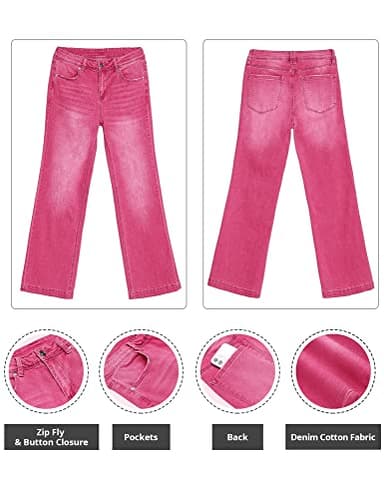 GRAPENT Women's 90s Outfit High Waisted Stretchy Bootcut Bell Bottom Jeans Petite Hot Pink Size 4-6 - Image 6