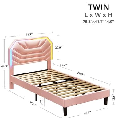 LIKIMIO Twin Bed Frames with LED Light Headboard, Upholstered Modern Cama Twin Platform Bed Frame with Heavy Duty Supports, No Box Spring Need, Noise Free, Easy Assembly, Pink - Image 2