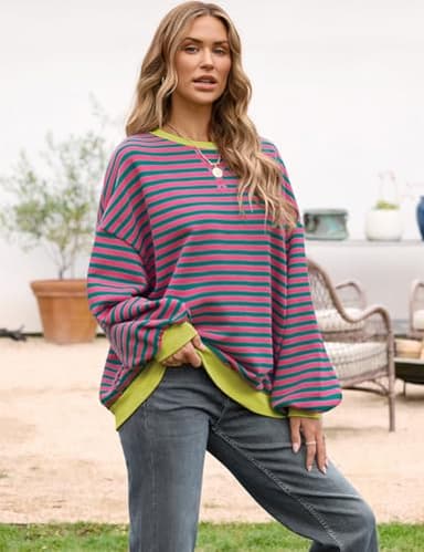 UEU Oversized Striped Sweatshirt for Women Casual Loose Fit Long Sleeve Crewneck Pullover Tops Pink Green Striped X-Large - Image 4