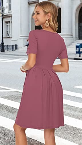 AUSELILY Women's Short Sleeve Summer Dress Pleated Loose Swing Knee Length Dresses with Pockets 2025 New Mauve S - Image 5