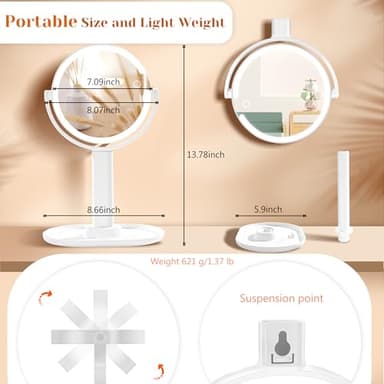 vpu Vanity Makeup Mirror with Lights, 10X/1X Double Sided Magnifying Light up Desk Mirror with Stand Cosmetic Organizer, 3 Color Brightness Adjustable 360° Rotation Detachable for Travel - Image 4