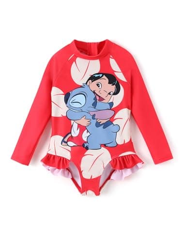 Disney Lilo & Stitch Swimsuit Girl One Bathing Suit Piece Swim Suits Long Sleeve Swimwear Summer Swimming Suit Set Quick Dry Swimming Clothing UPF 50+ Rashguard Swim Clothing Little Kid Red 6-7 Years - Image 1