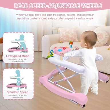 5 in 1 Foldable Baby Walker, Activity Baby Walker-Baby Bouncer, Rocker, Activity Center,Seat and Push Walker,Detachable Trampoline Mat, Adjustable Speed Rear Wheels and Height,Ages 6-18 Months(Pink) - Image 4