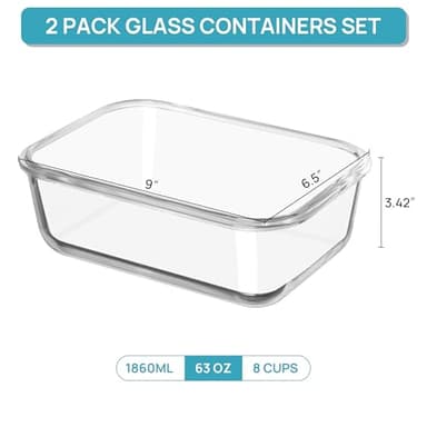 Vtopmart 2Pack 1860ml/ 63oz Large Glass Storage Containers with Lids, Meal Prep Food Container Set with Snap Airtight Lid for Baking, Microwave, Oven, Leak Proof, for Freezer, Dishwasher, Grey - Image 2