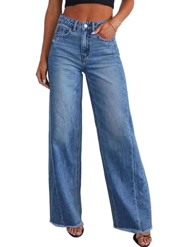 PRETTYGARDEN Wide Leg Jeans for Women Trendy 2025 High Waisted Stretchy Baggy Raw Hem Denim Palazzo Pants with Pockets (Dark Blue,14) - Image 1