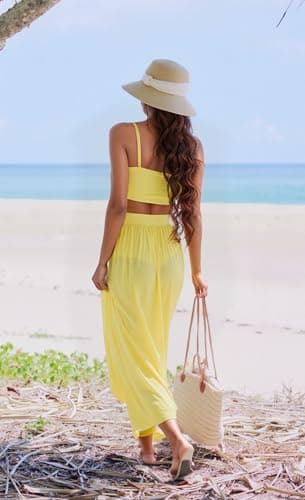 Women Sexy 2 Piece Outfits Dress Chiffon Strap Deep V Neck Bra Crop Top High Split Maxi Dresses Skirt Set Swimwear Cover Ups Yellow M - Image 6