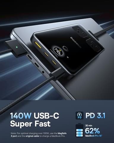 Baseus Blade Charging Station 140W, 6-in-1 Compact USB C Power Strip with 5ft Detachable Flat Extension Cord, Digital Display, Slim Fast Desktop Charger for Work and Travel (Not a Portable Battery) - Image 3