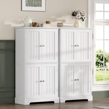 ChooChoo Bathroom Floor Cabinet, Modern Bathroom Storage Cabinet with 4 Doors and Adjustable Shelves, Freestanding Cupboard for Living Room, White - Image 7