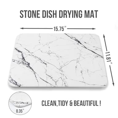 KARRAHOME Stone Dish Drying Mat for Kitchen Counter,Instant Dry Diatomaceous Earth Mat Dishes, Stone Dish Fast Drying Mat Board White Marble 15.8 x 11.8 inch - Image 2