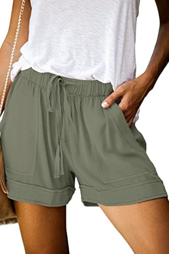 Cute Shorts for Women Classic Solid Color Elastic Drawstring Waist Pocketed Shorts Olive Green L - Image 1