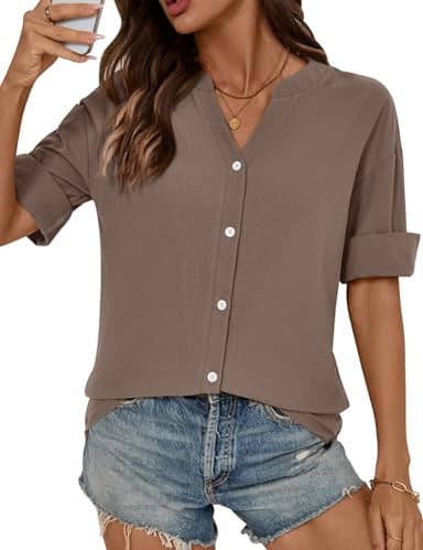 LOMON 3/4 Sleeve Womens Tops V Neck Button Down Shirts Casual Loose 3/4 Length Sleeve Blouse Dark Grey Brown XXL - Image 4