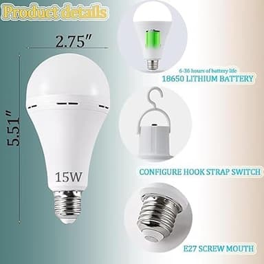 12Pack White Rechargeable Emergency 15W LED Light Bulb,Stay Lights Up When Power Failure,100W Equivalent,1500lm,White Light 6000K,E26/27 Base,2200mAh Lithium Battery - Image 3