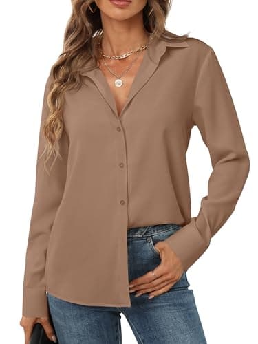 Brown Shirts for Women Button up Shirt Long Sleeved Woman Lightweight Basic Workwear no Iron Cute Vintage Elegant Uniform Trending Summer Sexy top Nice Attire French Cuff Relax fit Dark Brown Size M - Image 3