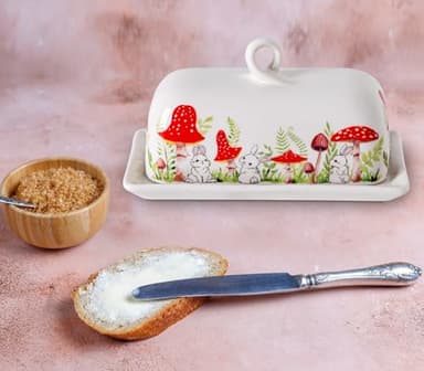 Mushroom Butter Dish With Lid For Countertop Ceramic Butterdish Mushroom Kitchen Decoration Cute Butter Holder Covered Red Mushroom Rabbit Painting Butter Container Large Mantequillera Butter Tray - Image 2