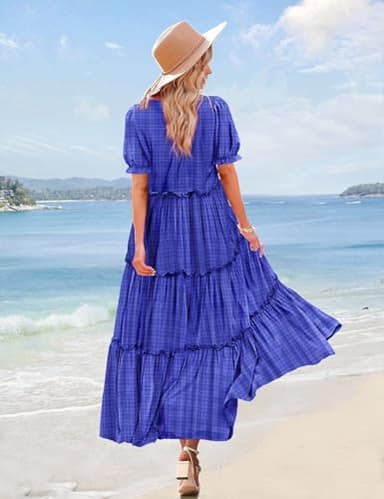 YESNO Summer Casual Bohemian Floral Dresses for Women Puff Short Sleeve Long Maxi Dress with Pockets (3XL ETX Solid C Royal Blue) - Image 4