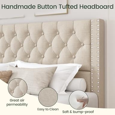 LARMACE King Size Bed Frame with 4 Storage Drawers and Tufted Headboard Linen Upholstered Platform Bed Frame with Heavy Duty Wood Slats, No Box Spring Needed, Easy Assembly, Beige - Image 3