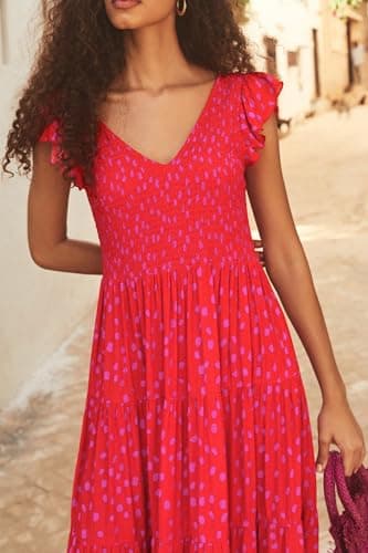 PRETTYGARDEN Women's Summer Flowy Maxi Dress Casual Cap Sleeve V Neck Smocked Beach Sundress (Print Red,X-Large) - Image 3