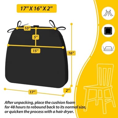 AAAAAcessories D-Shaped Chair Cushions, 2" Thick Dining Chair Pads with Ties and Removable, Machine-Washable Cover, 17" x 16", Set of 4, Black - Image 2