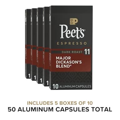 Peet's Coffee, Dark Roast Espresso Capsules, Compatible with Nespresso Original Machines - Major Dickason's Blend Intensity 11, 50 Count (5 Boxes of 10 Espresso Capsules) - Image 2