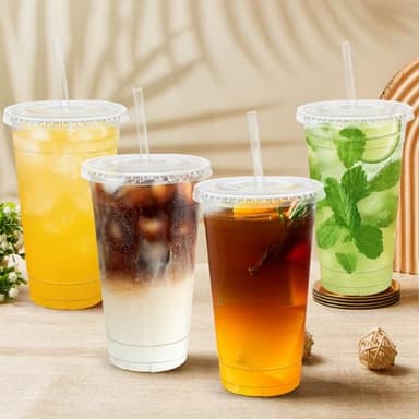 Lamosi 100 Pack 20 oz Clear Plastic Cups with Lids and Straws, Disposable Iced Coffee Cups with Lids for To-Go Cold Drinks, Smoothies and Slushie - Image 2