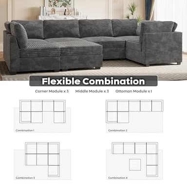 ovios Sectional Sofa Couch with U-Shape Chaise Sofa Bed, Comfy Modular Cloud Couches with Deep Seat, Modern Upholstered Plush Corduroy Sofas Set for Living Room, 7-Seater, Grey - Image 3