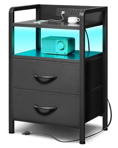 Lazzanto Night Stand Bedside Charger Bedroom - Nightstand with Charging Station & LED Light Strip, Night Stand with Storage Shelf & 2 Fabric Drawers, Morden End Table with U-S-B Ports & AC Outlets - Image 1