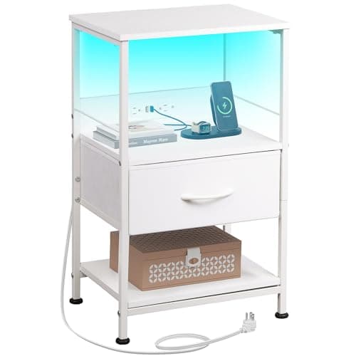 WLIVE White Night Stand with Charging Station, LED Nightstand with Adjustable Fabric Drawer, 3-Tier Storage Bedside Table, Small End Side Tables for Bedroom - Image 1