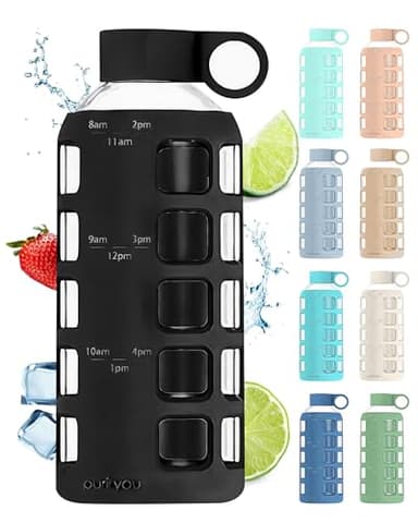 purifyou 40oz / 32oz / 22oz / 12oz Borosilicate Glass Water Bottle with Time & Volume Markers, Silicone Sleeve, Stainless Steel Lid | Reusable Glass Bottle for Water & Juice (22oz Jet Black) - Image 1
