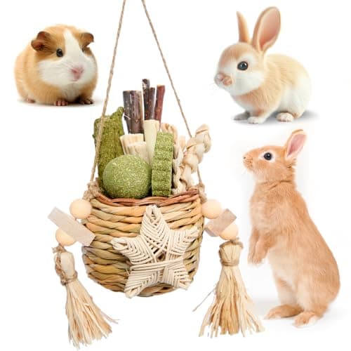 Jorewood Rabbit Chew Toys, Natural Reed Grass Hanging Basket Chews, Woven Bunny Chewing Timothy Cake Wood Treats for Small Pets - Image 1