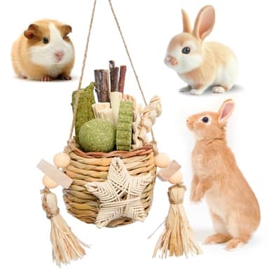 Jorewood Rabbit Chew Toys, Natural Reed Grass Hanging Basket Chews, Woven Bunny Chewing Timothy Cake Wood Treats for Small Pets - Image 1