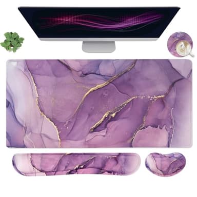 Large Mouse Pad and Keyboard Wrist Rest, Desk Pad for Keyboard and Mouse, 4-in-1 Large Gaming Mouse Pad with Wrist Support, Desk Mat for Home Office Study Game-Purple - Image 1