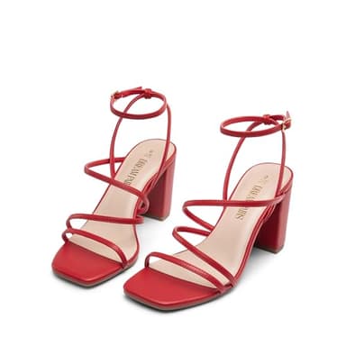 DREAM PAIRS Women's Heels Chunky Block Strappy Square Open Toe Ankle Buckle Heeled Sandals Wedding Party Dress Shoes Indie,Size 9,Red-Pu,SDHS2428W - Image 5
