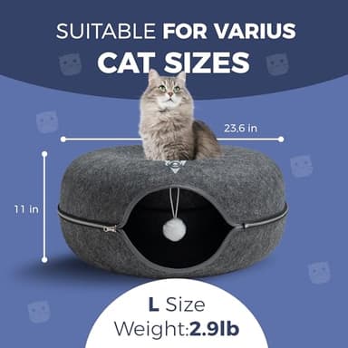 Premium Large Size 24 Inch Cat Tunnel Bed - With Upgraded Metal Zipper - Detachable Round Design - Washable - and Scratch Resistant - Includes 3 Toys and Removable Cushion - Image 2