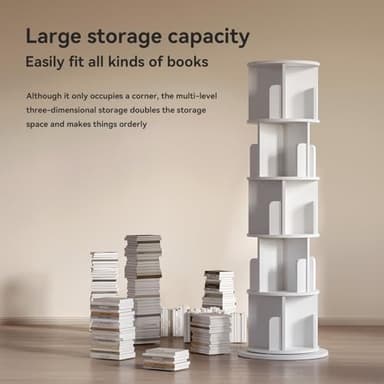 MXV Rotating Bookshelf, 360 Display 5 Tier, Small Corner Bookshelf for Small Space, Floor Standing Bookcase Storage Rack, Wood Narrow Book Shelf Organizer for Bedroom, Living Room, White - Image 3