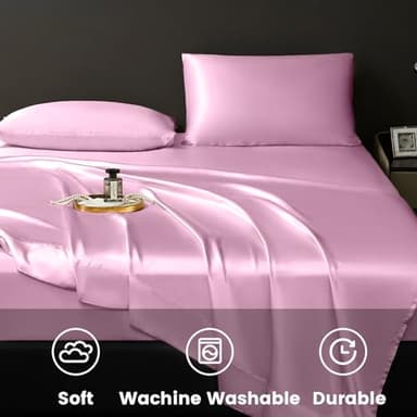 Revdomfly 4 Pcs Full Size Luxury Silky Soft Pink Satin Sheet Set,1 Premium Moisture Wicking Fitted Sheet Fits Up to 16 Inches Deep Pocket + 1 Flat Sheet + 2 Pillowcases(Pink, Full) - Image 9