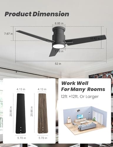 CJOY Ceiling Fan with Lights, 52 Inch Low Profile Ceiling Fans with Light and Remote, Reversible DC, Flush Mount, 3CCT,Dimmable, Modern Indoor/Outdoor Design for Bedroom, Living Room, Patio, Kitchen - Image 7