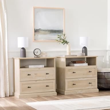Walker Edison Clyde Classic Rustic 2-Drawer Open-Cubby Nighstands End Side Tables Living Room Bedroom Storage, Set of 2, White Oak - Image 6