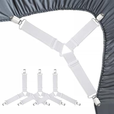 Bed Sheet Fasteners, Adjustable Mattress Suspenders, Mattress Cover Straps, Bed Corner Holder and Keepers and the Bed Sheet Grippers Clips (Triangle White Set of 4) - Image 1