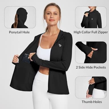 baleaf Women's SPF Jacket Sun Shirt UV Protection Hoodie Zip Up Long Sleeve Hooded Summer Clothing Running Hiking Black L - Image 4