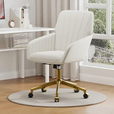 YISHENG Velvet Home Office Chair with Gold Base Upholstered Tufted Modern Height Adjustable 360 Degree Swivel Desk Chair with Wheels, Vanity Chairs for Living Room, Bedroom,Study Room (Cream) - Image 2