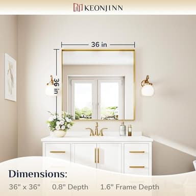 Keonjinn 36 x 36 in Brushed Gold Bathroom Mirror, Square Metal Framed Wall Mirror for Bathroom, Decorative Shiny Brass Gold Vanity Mirrors, Aluminum Alloy Frame Modern Farmhouse Rectangle Mirrors - Image 7