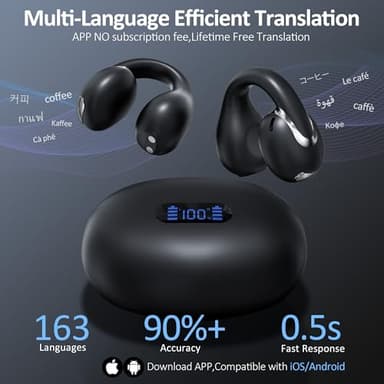AI Language Translation Earbuds Real Time, IAMJOY Language Translator Earbuds Open Ear Clip-On Design, 163 Language & Accents Two-Way Translator Device with APP for Travel Learning Business, Black - Image 2