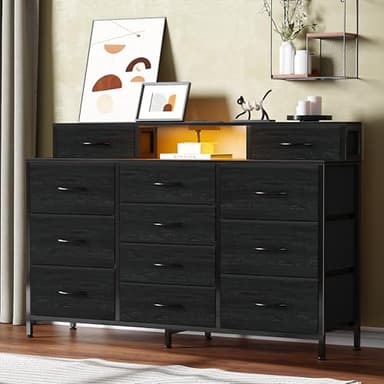 Furnulem 55" W Dresser for Bedroom with LED Lights and Power Outlets,Black Large 12 Storage Drawers Long Fabric Chests Dressers with 2 Shelves for Closet,Living Room,Entryway,Wooden Top,Metal Frame - Image 2