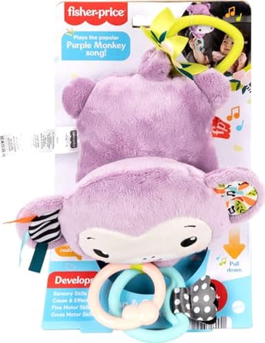 Fisher-Price Baby Stroller Toy Sing & Go Purple Monkey Musical Sensory Plush with Crinkle & Clackers for Newborns from Birth+ - Image 6