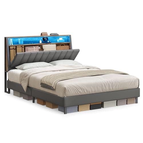 VASAGLE LED Bed Frame Queen Size, Storage Headboard and Charging Station, Queen Bed Frame with 2 AC Outlets, 1 USB Port, 1 Type-C Port, No Box Spring Needed, Dove Gray and Camel Brown URMB841G01 - Image 1