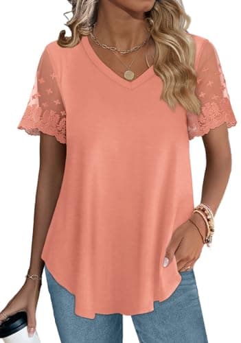 OFEEFAN Womens Summer Clothes V Neck T Shirts Loose Fit Holiday Shirts Casual Tops Coral XL - Image 3