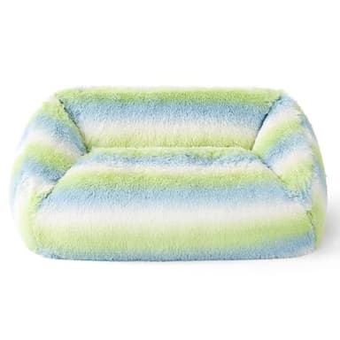Lesure Dog Bed Medium Size - Cute Furry Calming Puppy Beds, Rectangle Washable Indoor Pet Beds with Removable Zipper Cover, 35x25x11inches, Green Stripe - Image 9