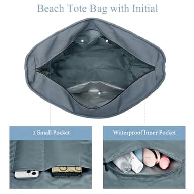 Becokan Initial Beach Bag Waterproof Canvas Beach Tote Bag Zipper Personalized Gifts for Women Her Birthday Travel Essentials (M, Dark Grey 2 pcs) - Image 4