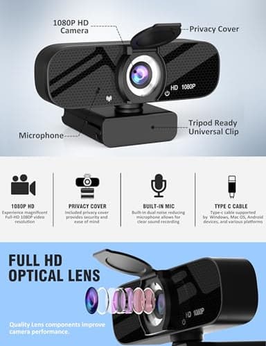 GOZVRPU 1080P HD Webcam with Built-in Microphone, Rotatable Tripod, Wide-Angle Lens,Privacy Cover, Auto Light Correction, Plug & Play USB-A Webcam for Laptop, Desktop, PC, Streaming-Black - Image 2